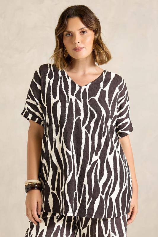  EVANS Curve Chocolate Brown Zebra Print V-Neck Top