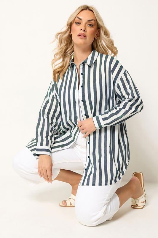 YOURS Plus Size Navy Blue Stripe Linen Shirt | Yours Clothing 1