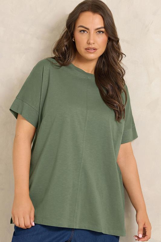 EVANS Plus Size Khaki Pure Cotton T-Shirt | Evans 1