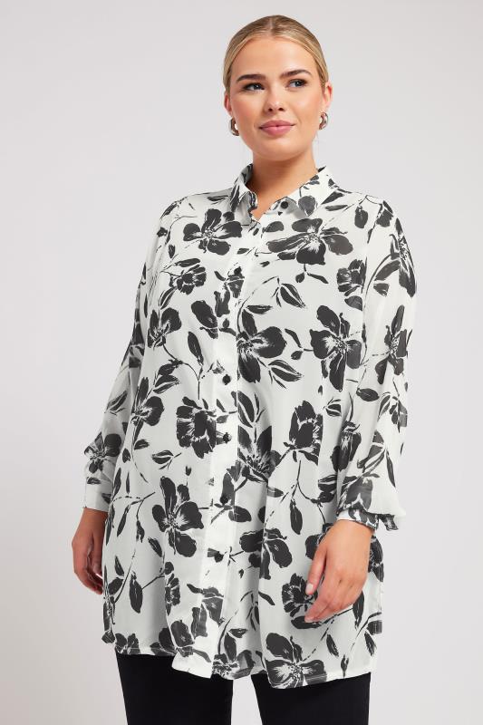 YOURS LONDON Plus Size Ivory White & Black Floral Boyfriend Shirt | Yours Clothing 2