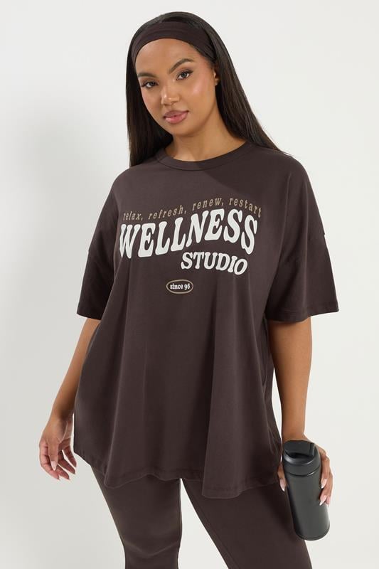 YOURS ACTIVE Plus Size Chocolate Brown 'Wellness Studio' T-Shirt | Yours Clothing 1