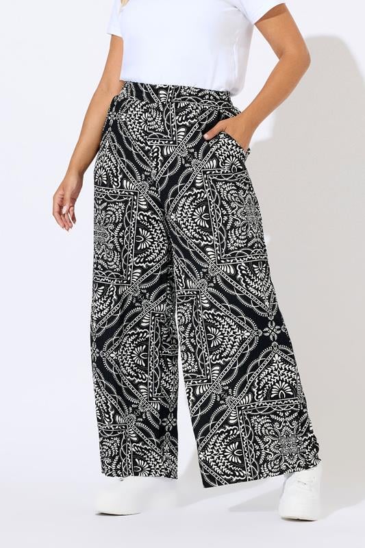 YOURS Plus Size Black Bandana Print Textured Wide Leg Trousers | Yours Clothing 2