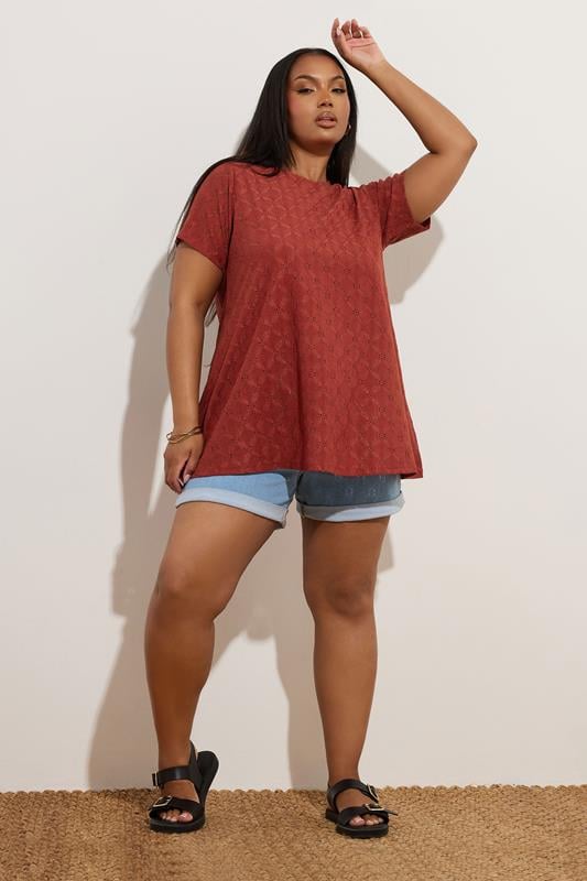 YOURS Plus Size Orange Broderie Anglaise Textured Swing Top | Yours Clothing 3