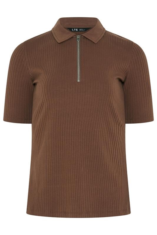 LTS Tall Women's Chocolate Brown Half Zip Ribbed Cotton Collared Top | Long Tall Sally 6