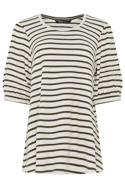 YOURS Plus Size White & Green Stripe Knitted Puff Sleeve Top | Yours Clothing 5