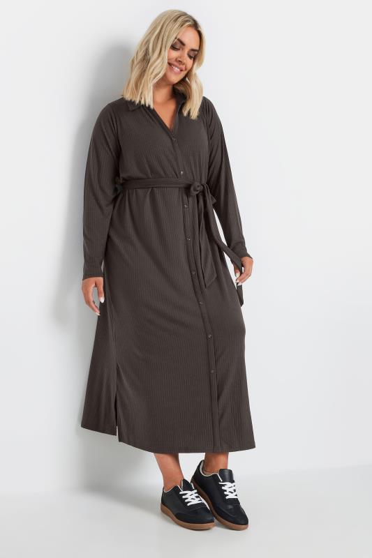 YOURS Plus Size Chocolate Brown Button Front Ribbed Tie Waist Midi Dress | Yours Clothing 2