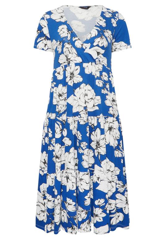 YOURS Plus Size Curve Cobalt Blue Floral V-Neck Tiered Wrap Dress | Yours Clothing  6