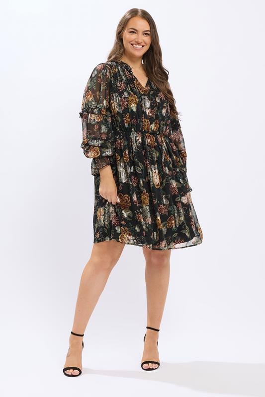 YOURS Plus Size Black Floral Metallic Tie Neck Mini Dress | Yours Clothing 2