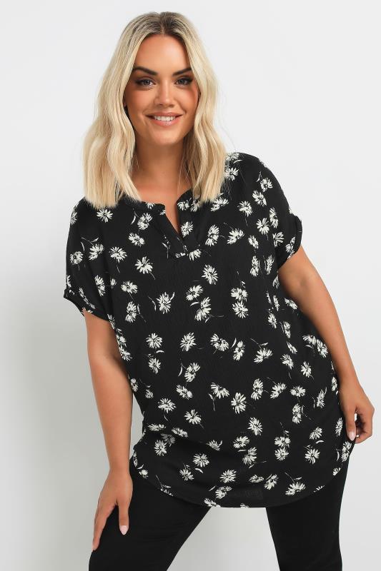 YOURS Plus Size Black Floral Print Notch Neck Top | Yours Clothing 1