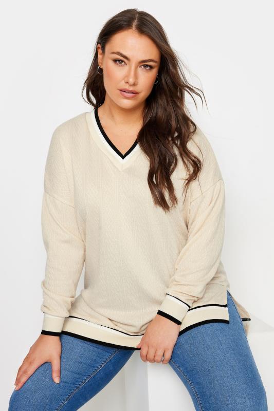 YOURS Plus Size Curve White Cable Knit Sweatshirt | Yours Clothing 1