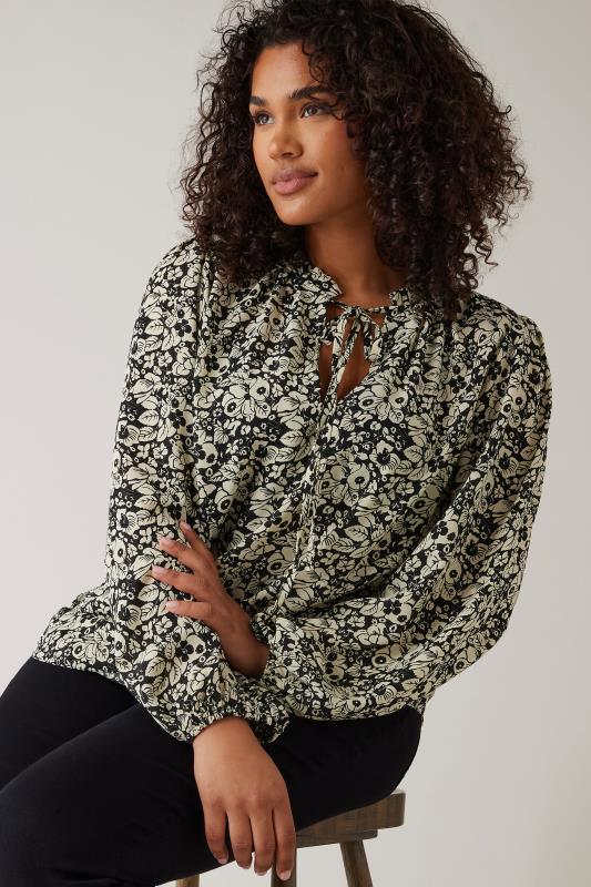 EVANS Plus Size Black Floral Print Tie Neck Blouse | Evans 4