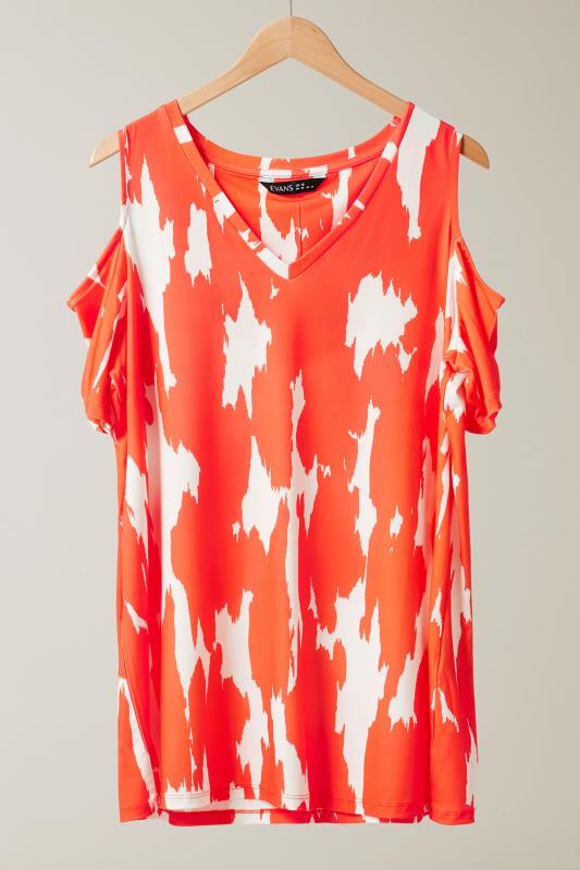 EVANS Plus Size Orange Abstract Print Cold Shoulder Top | Evans  5