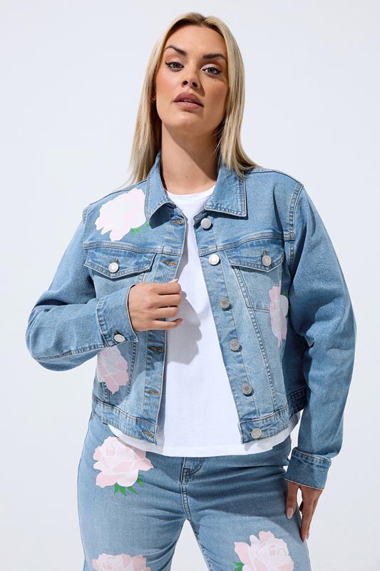LIMITED COLLECTION Curve Blue Rose Printed Denim Jacket