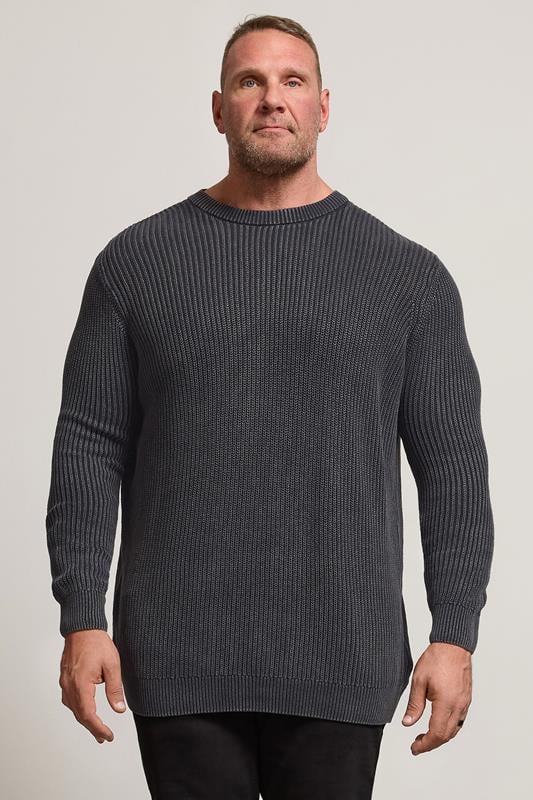 BadRhino Big & Tall Charcoal Grey Acid Wash Jumper