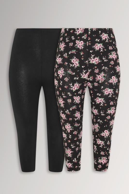  YOURSET 2 PACK Curve Black Floral Cropped Leggings