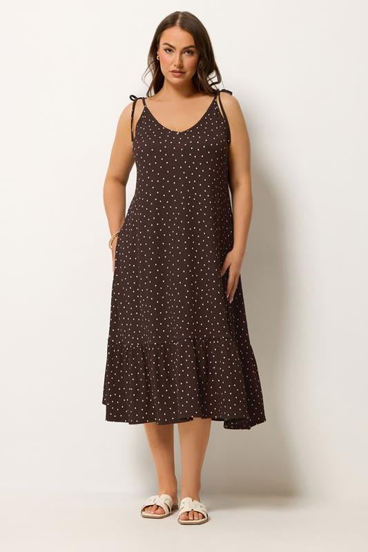 YOURS Curve Brown Polka Dot Tiered Midi Dress