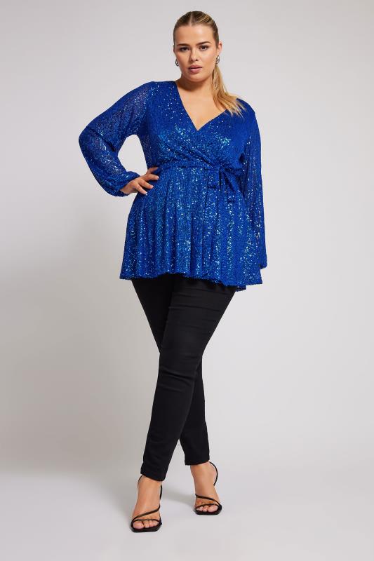 YOURS LONDON Plus Size Blue Sequin Wrap Top | Yours Clothing 3