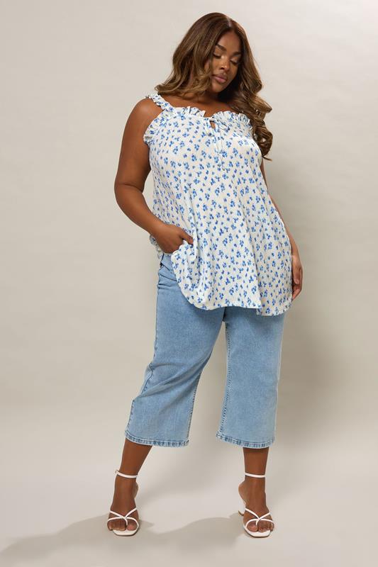 YOURS Plus Size Blue Ditsy Floral Tie Neck Frill Cami Top | Yours Clothing 3
