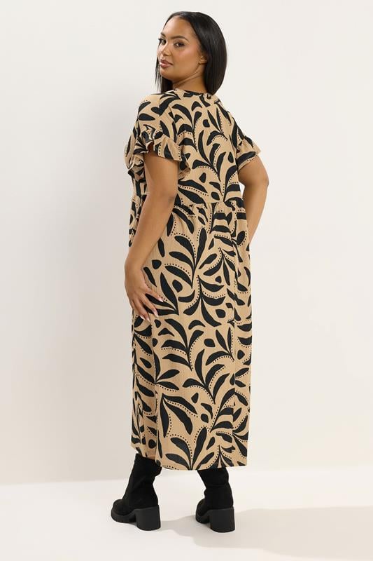 YOURS Plus Size Brown Abstract Frill Sleeve Dress | Yours Clothing 2