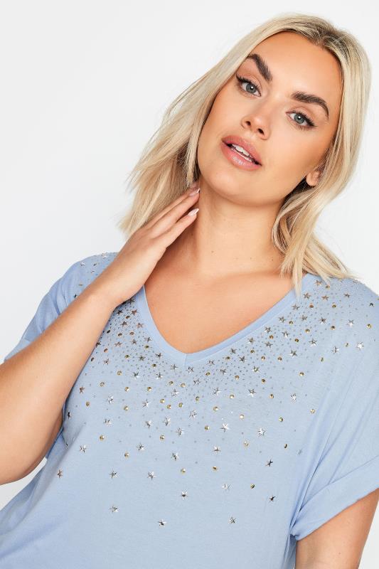 YOURS Plus Size Light Blue Sequin Star Embellished T-Shirt | Yours Clothing 4