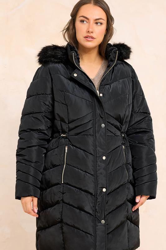 Plus Size  EVANS Curve Black Faux Fur Trim Padded Parka Coat
