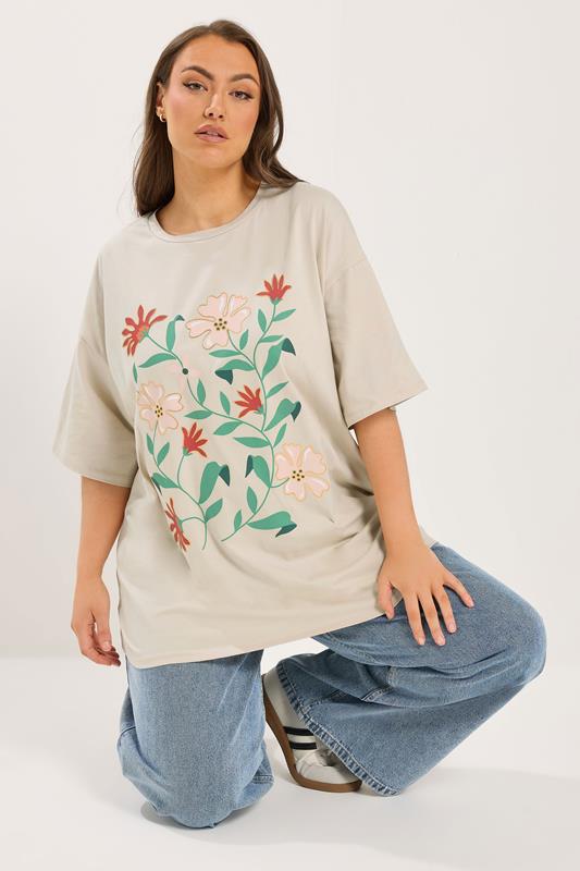 YOURS Plus Size Natural Brown Floral Graphic T-Shirt | Yours Clothing 1