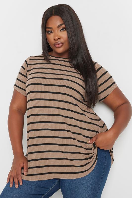 YOURS Plus Size Brown Stripe Ribbed Swing T-Shirt | Yours Clothing  1