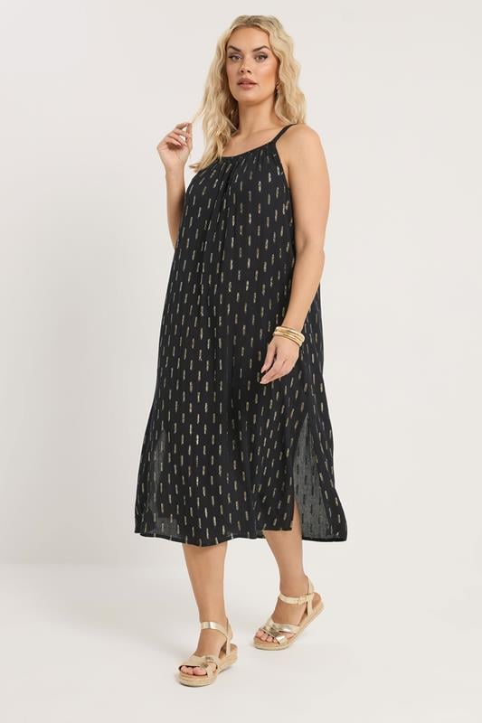 YOURS Plus Size Black Crinkle Metallic Midi Dress | Yours Clothing 2