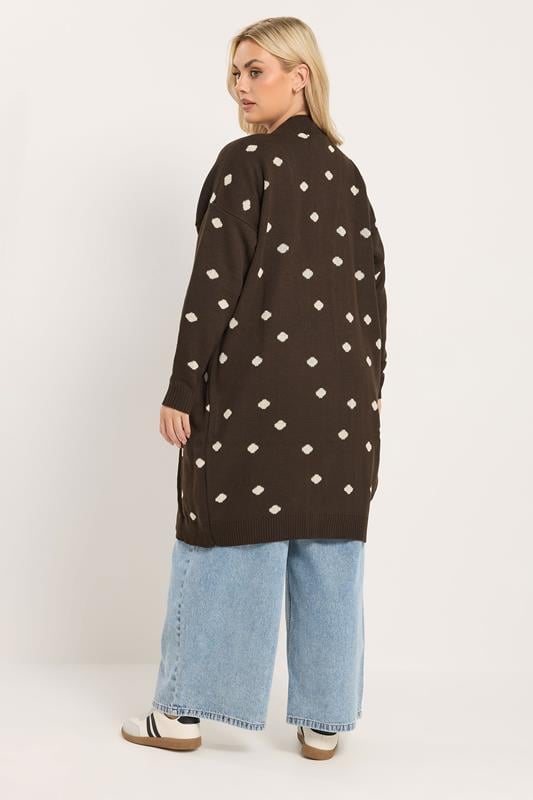 YOURS Plus Size Chocolate Brown Polka Dot Knitted Cardigan | Yours Clothing 2