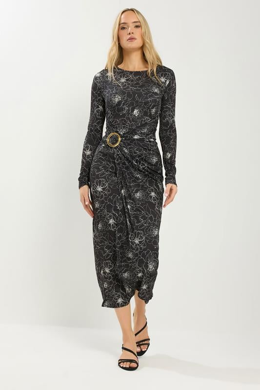  LTS Tall Black Floral Jersey Drape Long Sleeve Buckle Dress