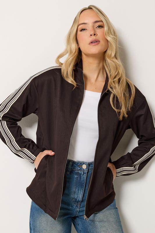 LTS Tall Chocolate Brown Side Stripe Cotton Funnel Neck Jacket