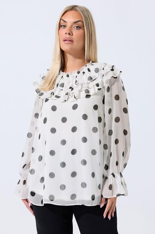  LIMITED COLLECTION Curve White Polka Dot Frill Neck Blouse