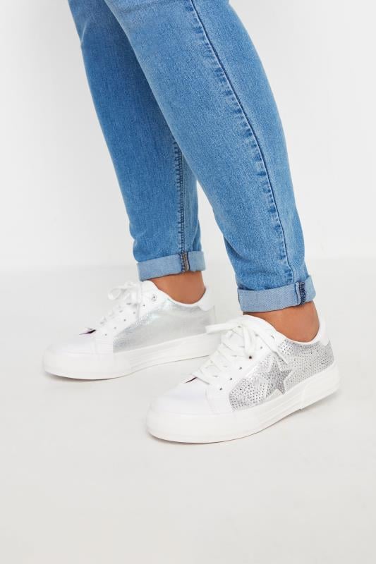 Plus Size  Yours White Diamante Star Trainers In Extra Wide EEE Fit