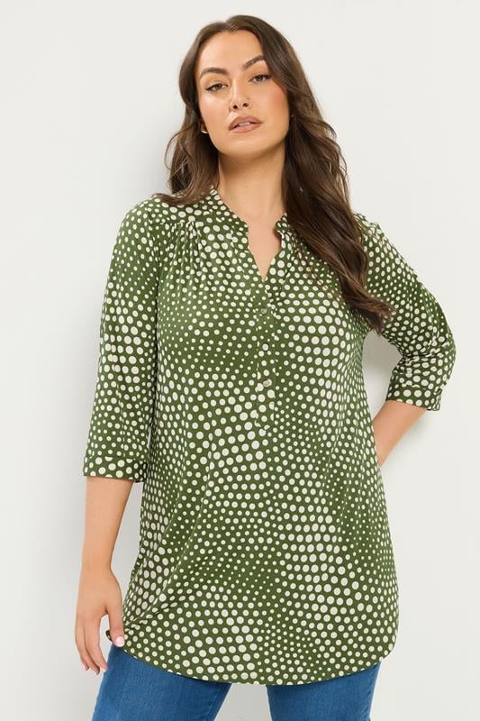  YOURS Curve Green Polka Dot Half Placket Shirt