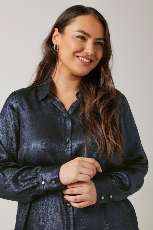 EVANS Plus Size Navy Blue Satin Long Sleeve Shirt | Evans  4