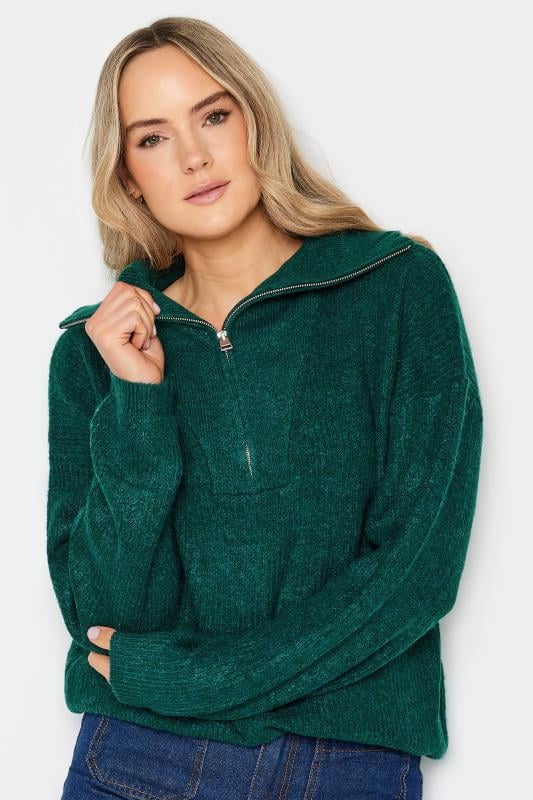 LTS Tall Dark Green Marl Zip Funnel Neck Jumper | Long Tall Sally  1