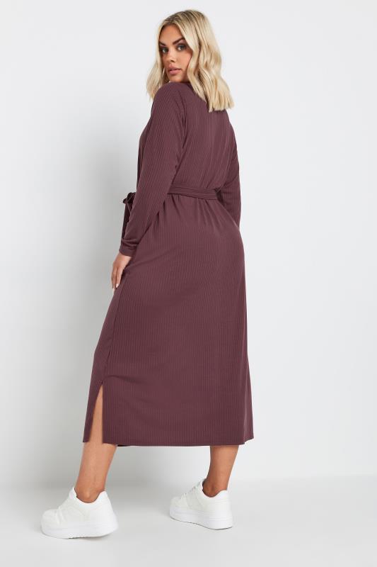 YOURS Curve Burgundy Red Ribbed Tie Waist Shirt Dress | Yours Clothing 3