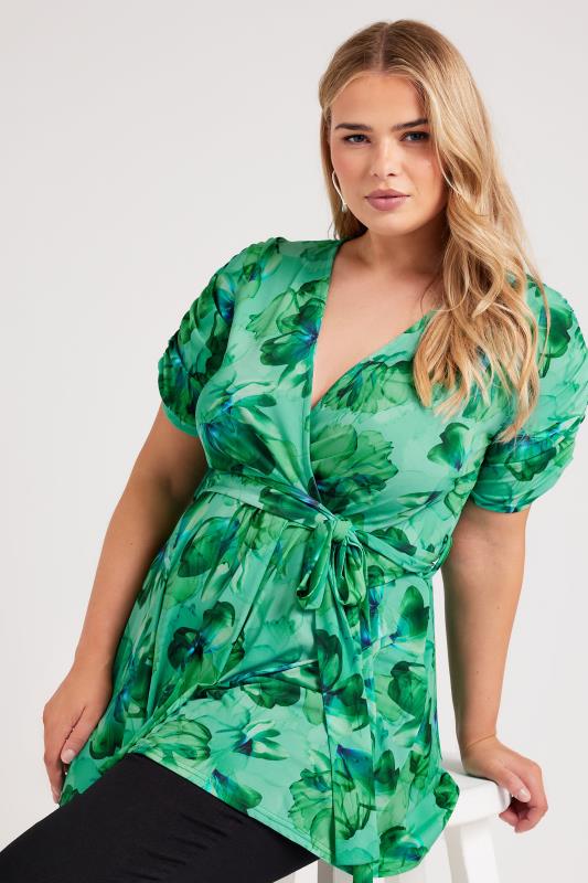 Plus Size  YOURS LONDON Curve Green Floral Print Wrap Top