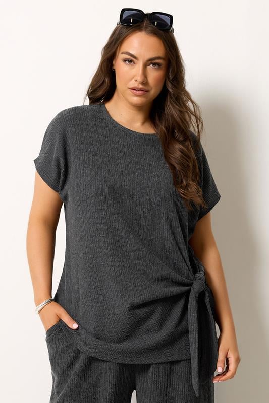 YOURS Curve Grey Side Knot Textured T-Shirt