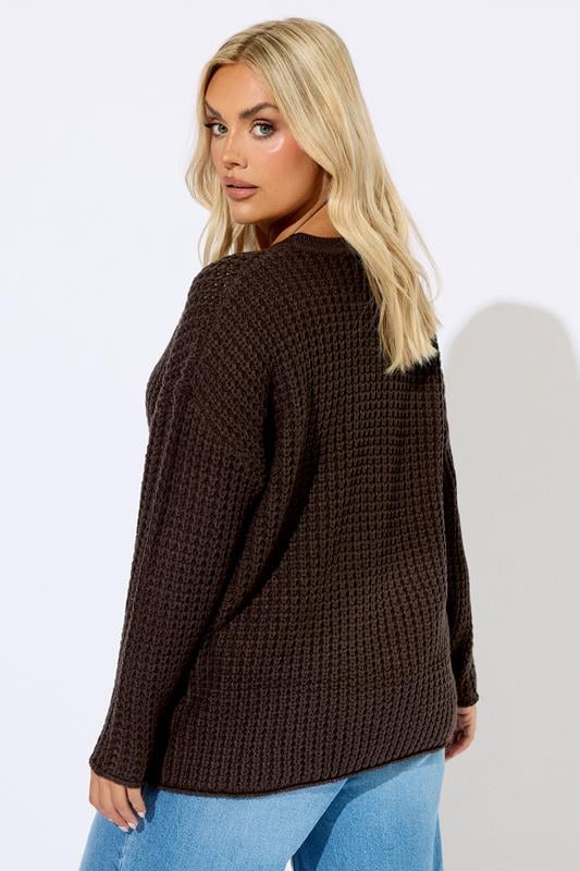 YOURS Plus Size Chocolate Brown Waffle Knit Jumper | Yours Clothing 5