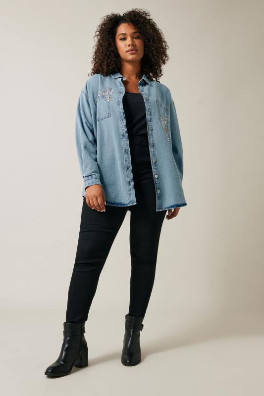 EVANS Plus Size Blue Denim Sequin Embellished Shirt | Evans 3