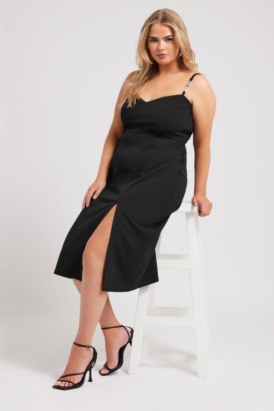 YOURS LONDON Plus Size Black Diamante Strap Midi Dress | Yours Clothing 1