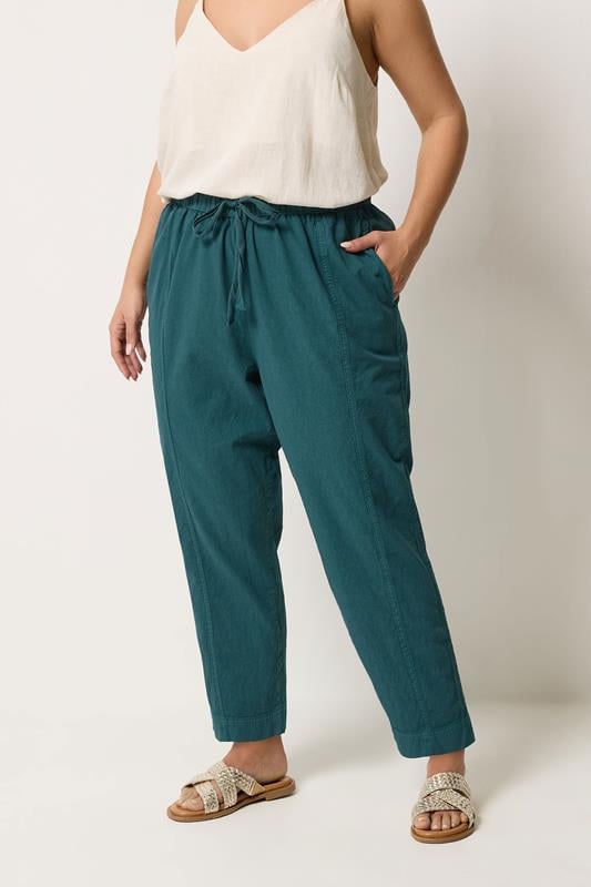 YOURS Curve Teal Green Cool Cotton Barrel Leg Trousers