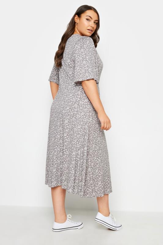 YOURS Plus Size Light Grey Ditsy Floral Print Midi Wrap Dress | Yours Clothing 3