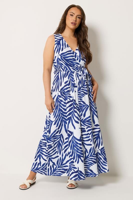  YOURS Curve Blue Palm Leaf Wrap Front Dress