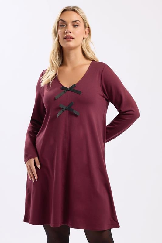  YOURS Curve Burgundy Red Bow Detail Tunic Dress