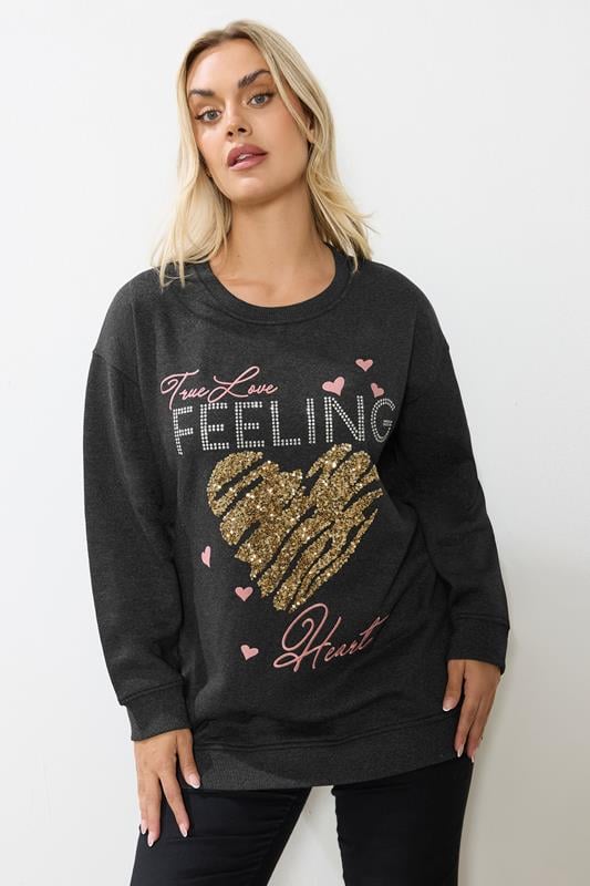 YOURS Curve Grey 'True Love Feeling' Heart Embellished Sweatshirt