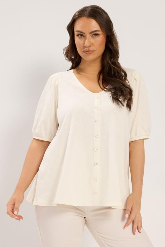 YOURS Curve Ivory White Button Front Puff Sleeve Top