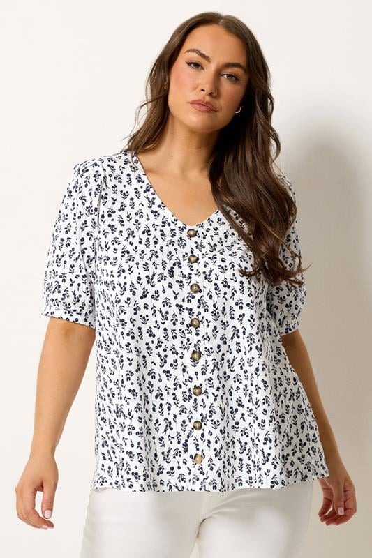 YOURS Plus Size White Floral Button Front Top | Yours Clothing 1