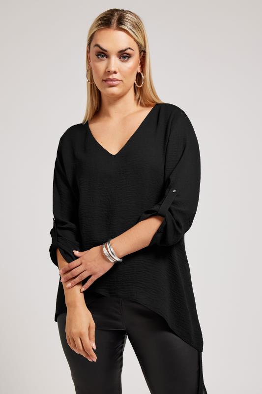 YOURS LONDON Plus Size Black Asymmetric Hem Blouse | Yours Clothing 1